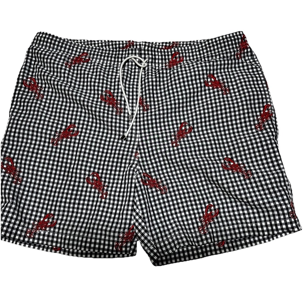 J. McLaughlin Men's Swim Trunks Blue Check with Red Lobster Print Size‎ Large